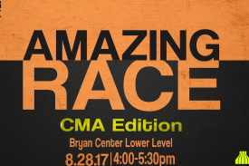 Flyer of the Amazing Race: CMA Edition event with the title, location, and time. In yellow, black, and white colors.